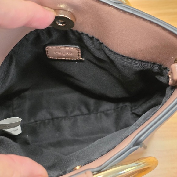 Colab Taupe/Pink Faux Leather Top‎ Handle Bag Gold Ring Handles - Picture 4 of 7